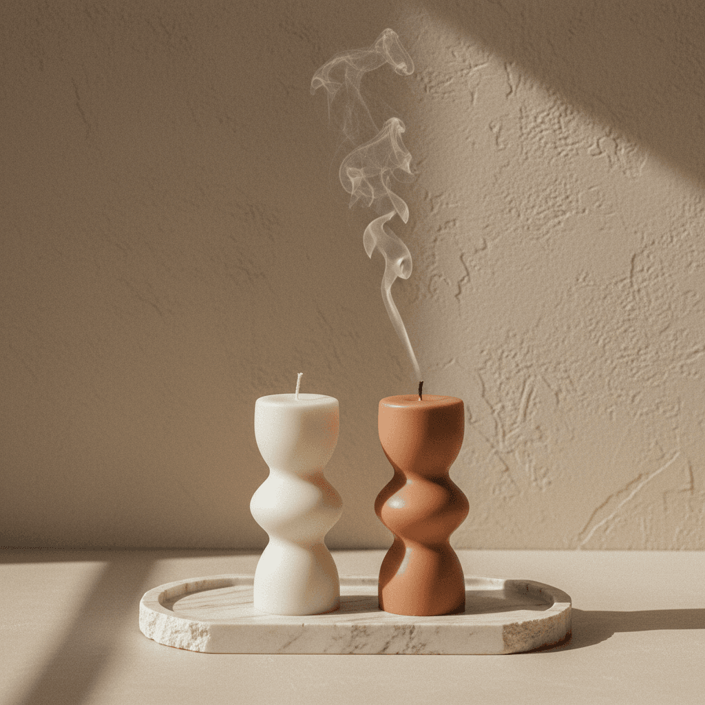 Sculptural wavy candles on a marble tray