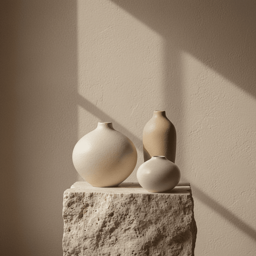 Group of organic ceramic vases on a stone pedestal