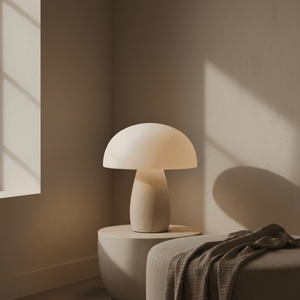 Sculptural lamp glowing in a dim corner