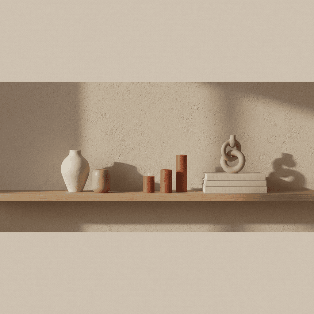 Curated shelf of decoration objects in warm afternoon light