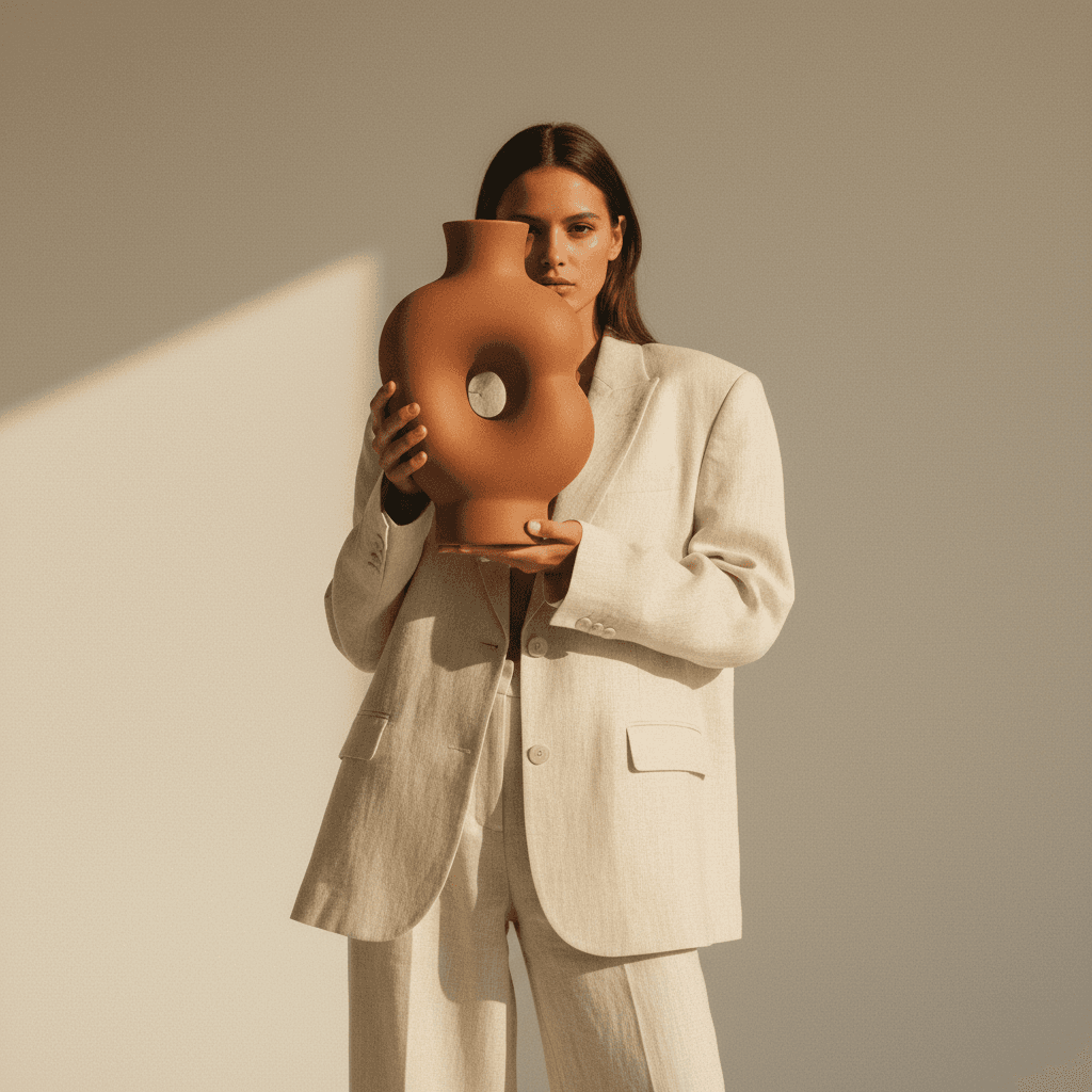 Model in cream linen holding a sculptural terracotta vase