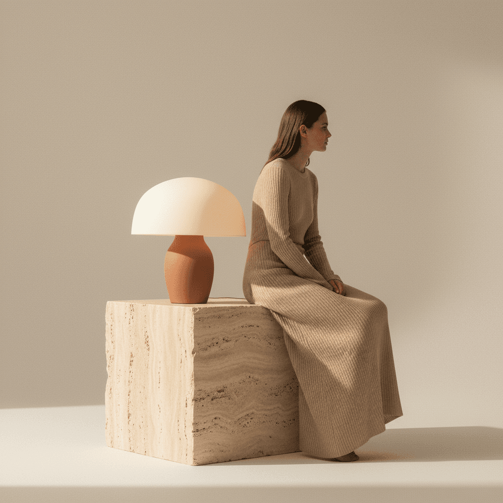 Model seated beside a glowing mushroom lamp