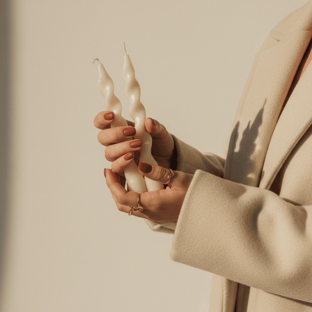 Hands holding twisted sculptural candles