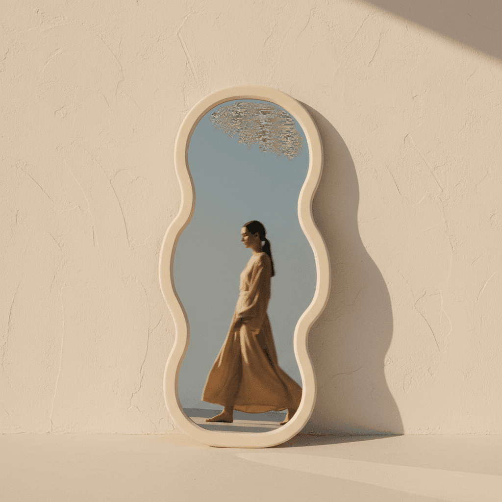 Wavy mirror reflecting a passing silhouette