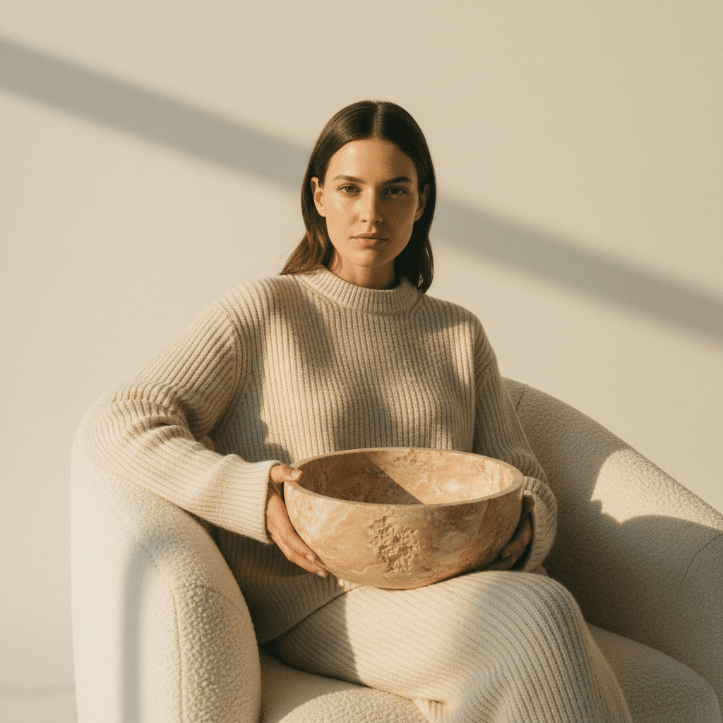 Model in a boucle armchair holding a travertine bowl